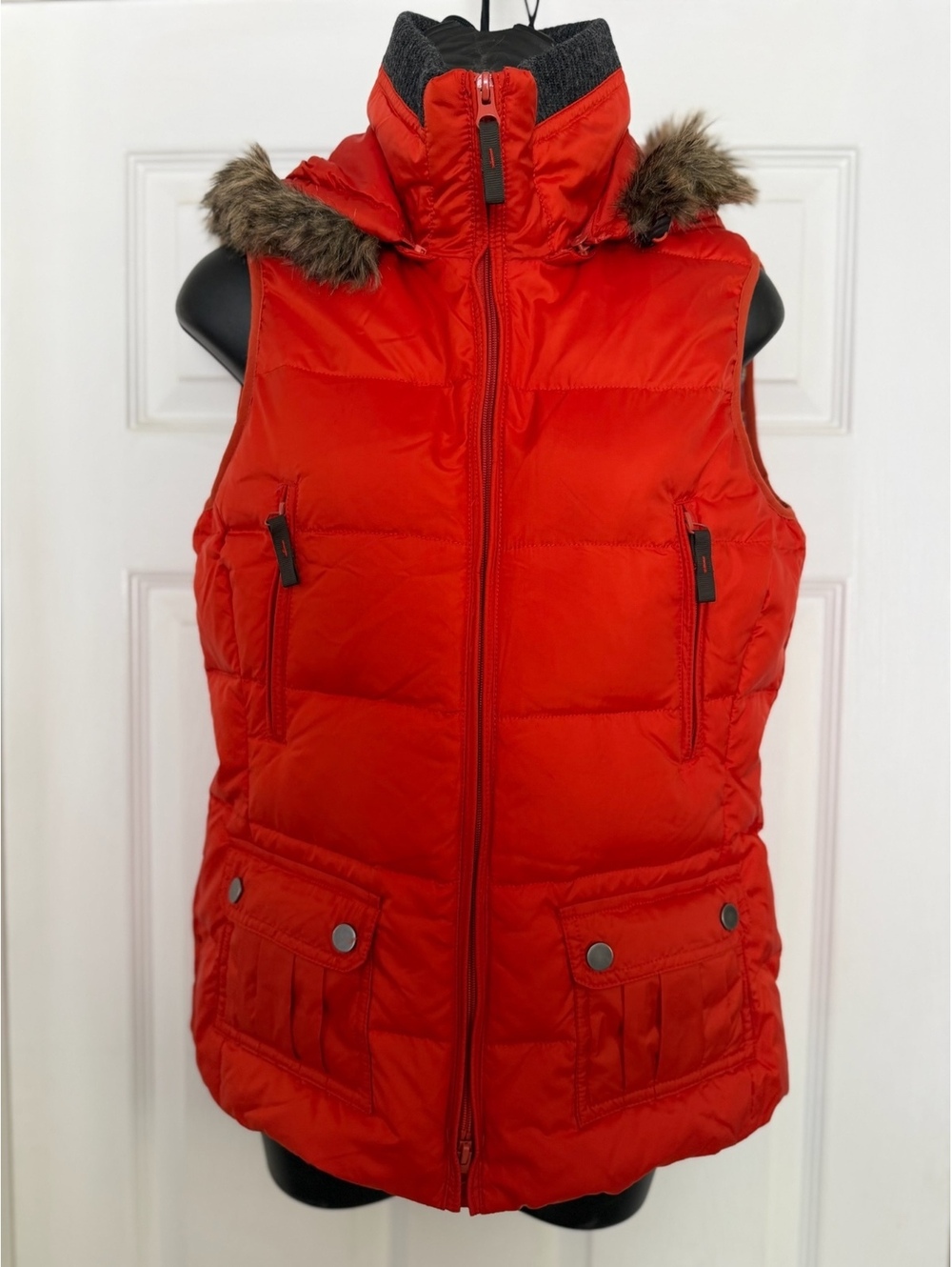 Metro red hooded puffer vest with faux fur trim